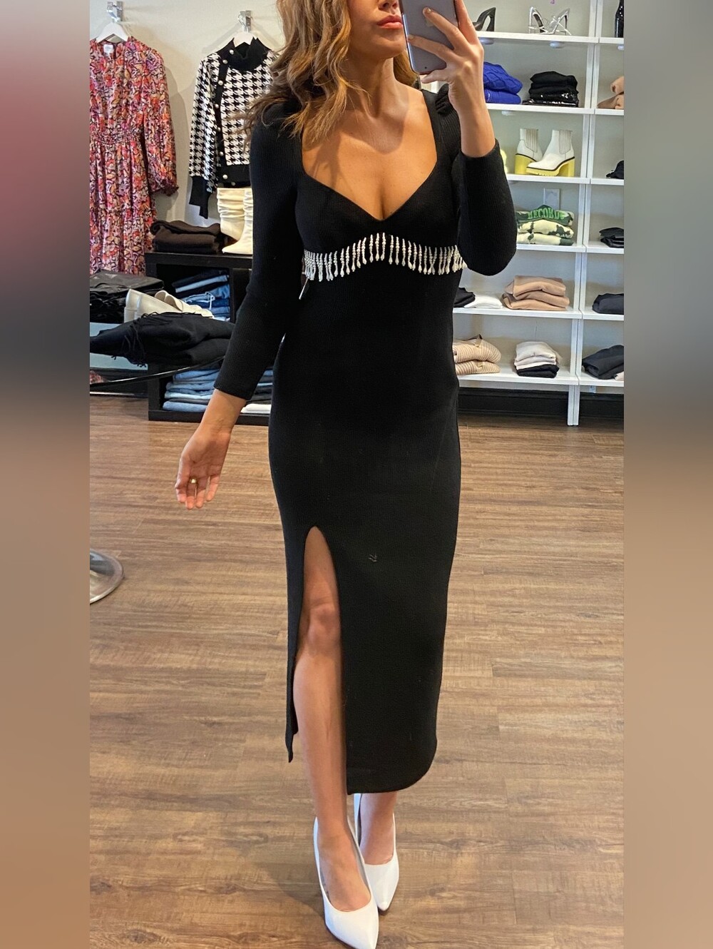 NWT Saylor Alina pearl fringe sweater midi dress in black XS